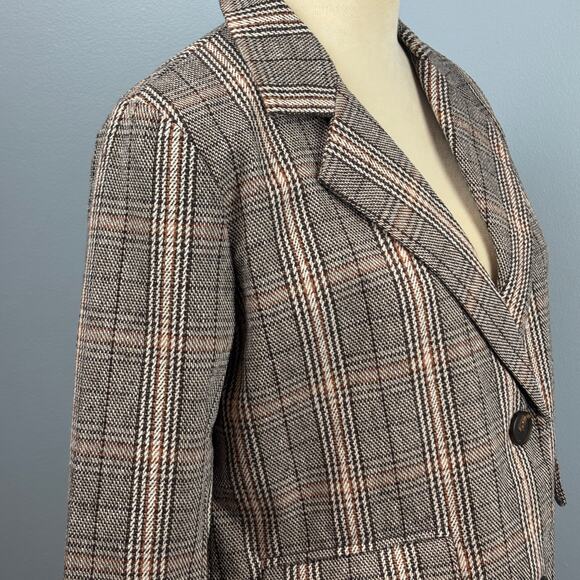 Plaid Tweed Long Blazer Jacket Collar Button Front Career Women's Med Academia - Picture 4 of 6